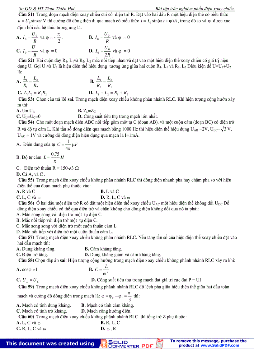 image for page 260 câu hỏi trắc nghiệm về DÒNG ĐIỆN XOAY CHIỀU Sở GDĐT Thừa Thiên Huế