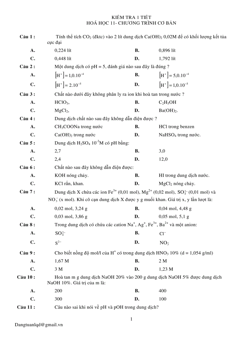 image for page Đề kiểm tra 1 tiết Hóa 11 Chương trình căn bản
