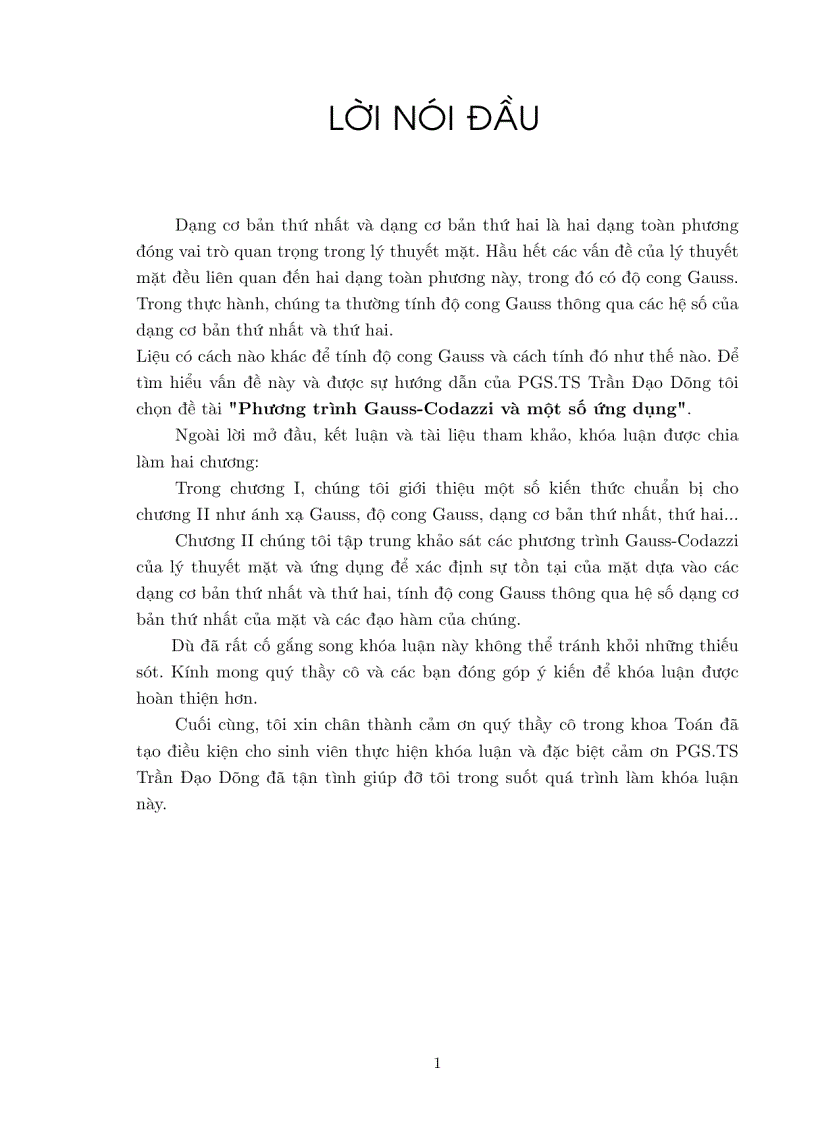Luận văn tốt nghiệp ĐHSP PHƯƠNG TRÌNH GAUSS CODAZZI VÀ MỘT SỐ ỨNG DỤNG
