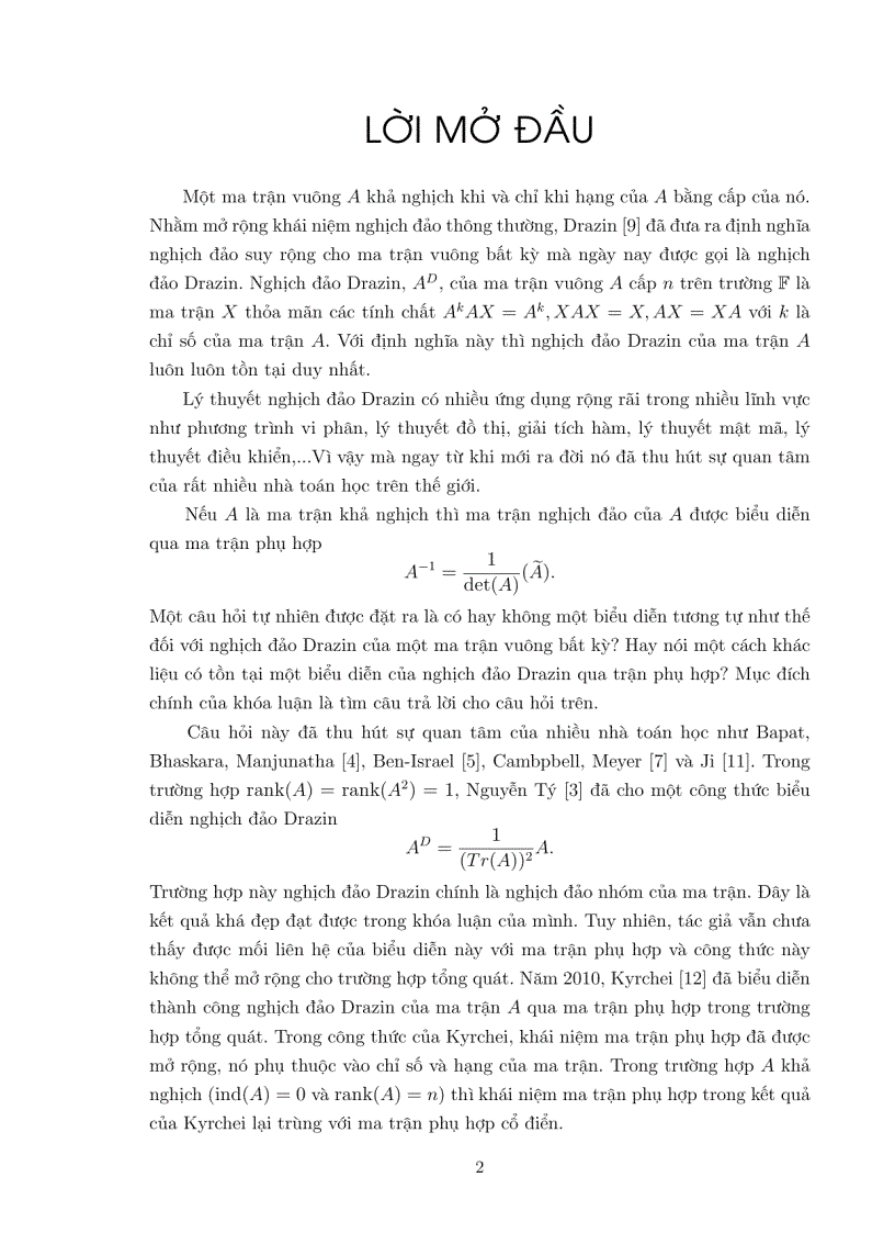 Luận văn tốt nghiệp ĐHSP biểu diễn nghịch đảo DRAZIN qua ma trận phù hợp