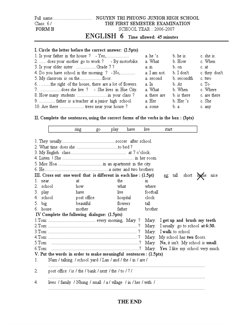 image for page Đề thi Anh văn lớp 6 Học kì 1 THCS Nguyễn Tri Phương Huế 2006