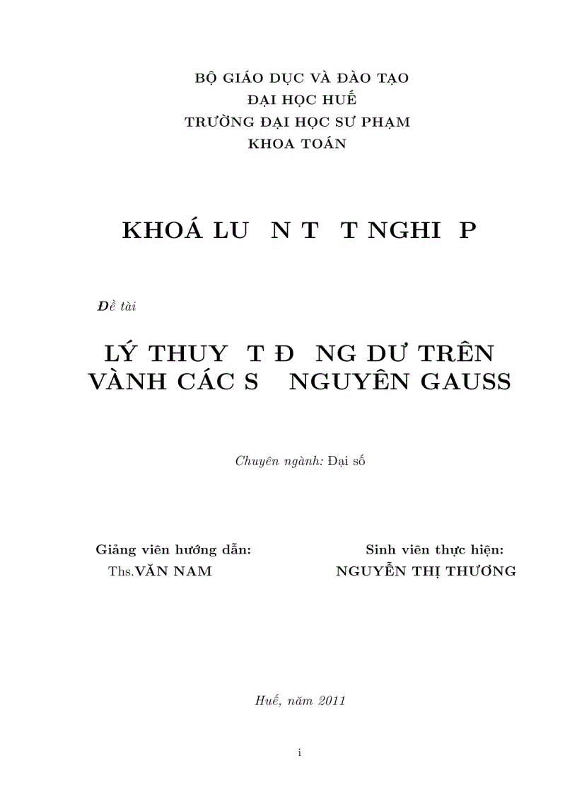 image for page Luận văn tốt nghiệp ĐHSP lý thuyết đồng dư trên vành các số nguyên GAUSS