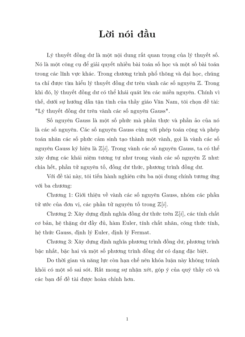image for page Luận văn tốt nghiệp ĐHSP lý thuyết đồng dư trên vành các số nguyên GAUSS