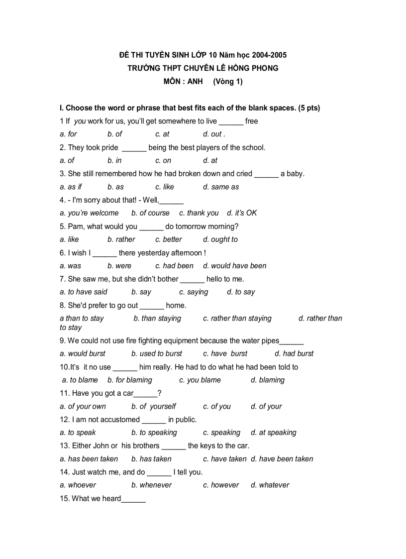 image for page ĐỀ THI TUYỂN SINH LỚP 10 Năm học 2004 2005 TRƯỜNG THPT CHUYÊN LÊ HỒNG PHONG MÔN ANH Vòng 1