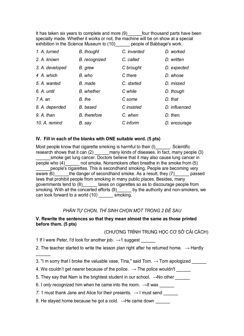 image for page ĐỀ THI TUYỂN SINH LỚP 10 Năm học 2004 2005 TRƯỜNG THPT CHUYÊN LÊ HỒNG PHONG MÔN ANH Vòng 1