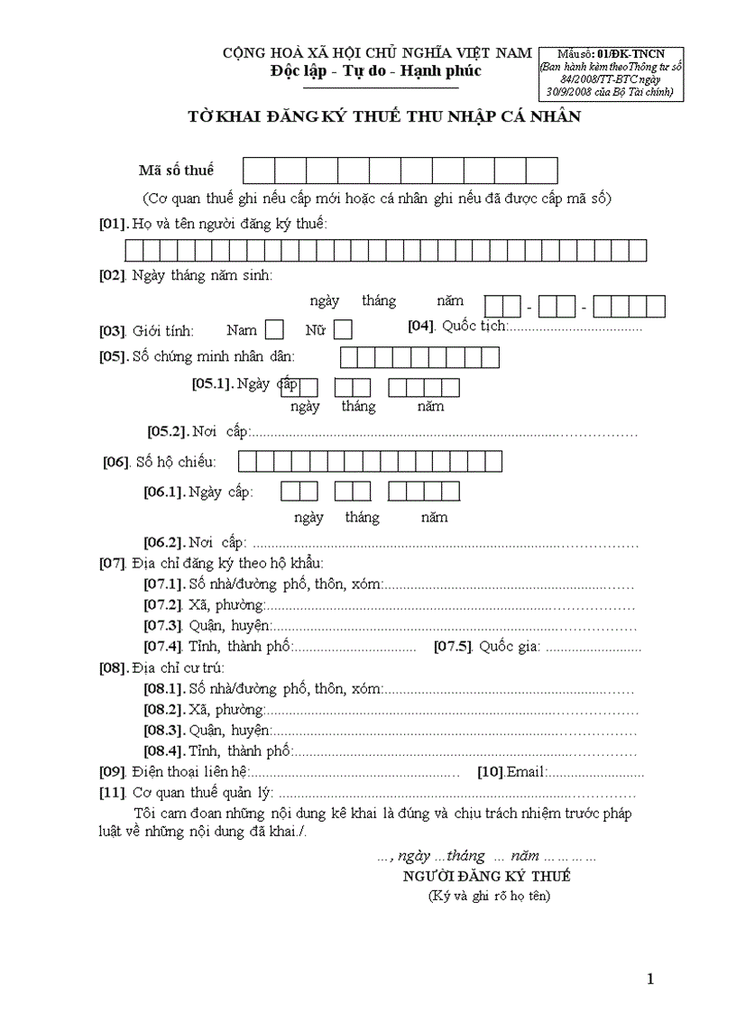 image for page Tờ khai đăng ký thuế thu nhập cá nhân