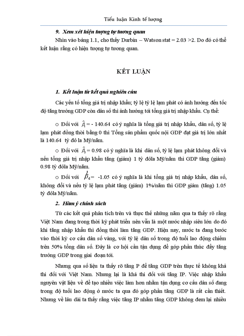 Tiểu luận Kinh tế lượng Mối liên hệ giữa tổng thu nhập quốc nội với tổng giá trị nhập khẩu dân số và tỷ lệ lạm phát giai đoạn 2001 2010