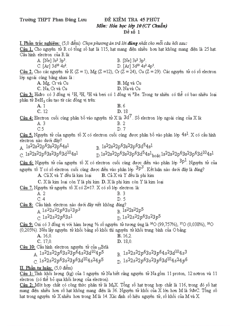 image for page ĐỀ KIỂM TRA 45 PHÚT Môn Hóa học lớp 10 CT Chuẩn THPT Phan Đăng Lưu