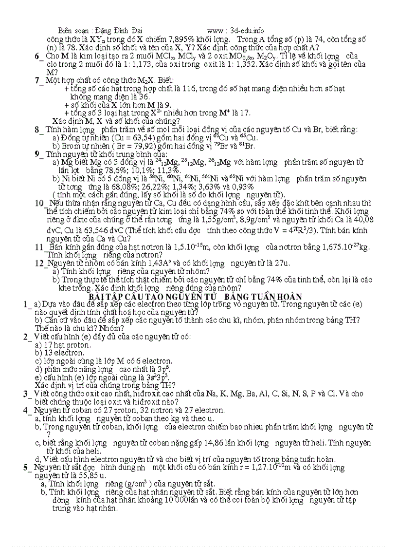 Bài tập tự luận cấu tạo nguyên tử