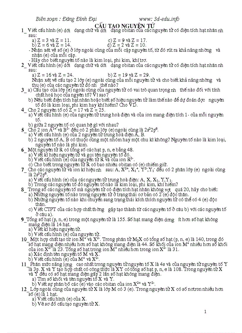 image for page Bài tập cấu tạo nguyên tử BTVN số 1