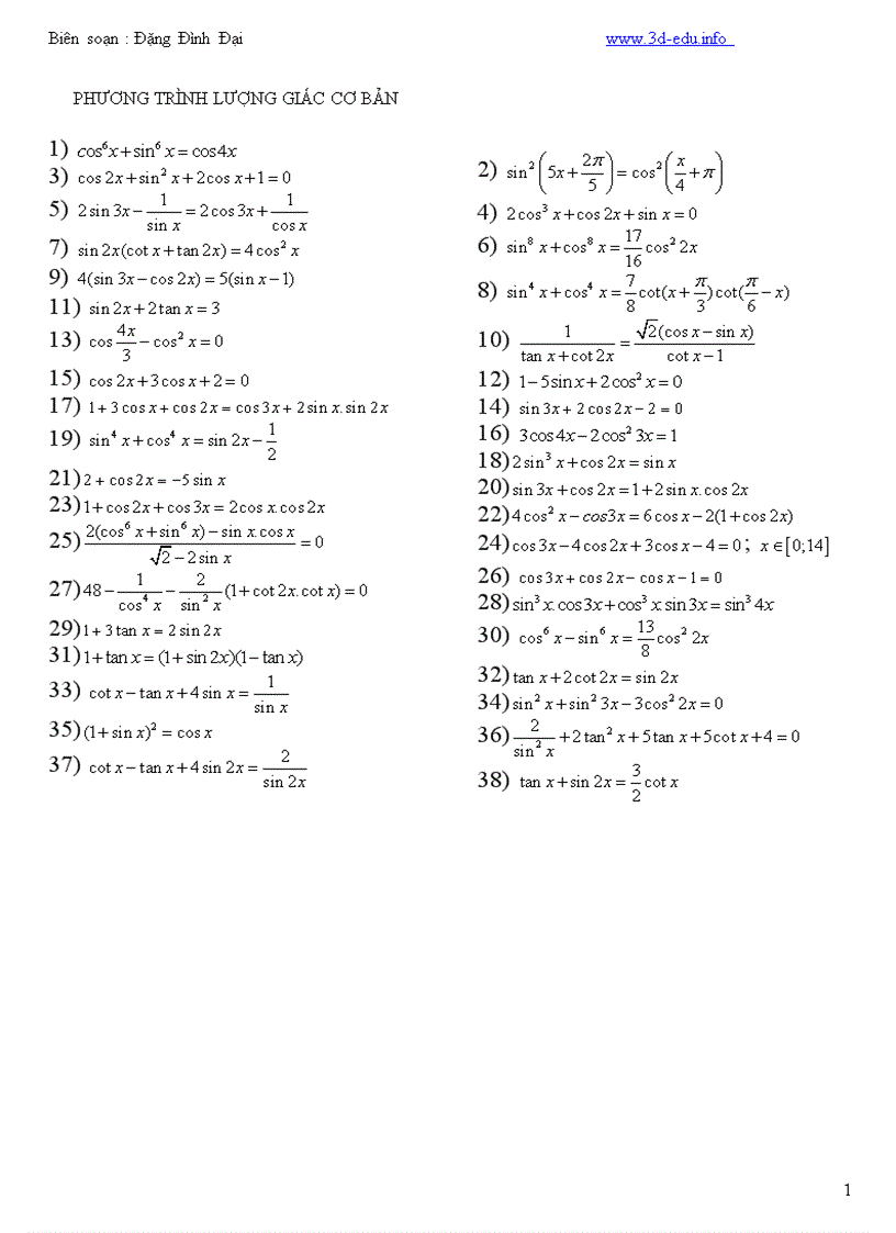 Phương trình lượng giác cơ bản BTVN số 1