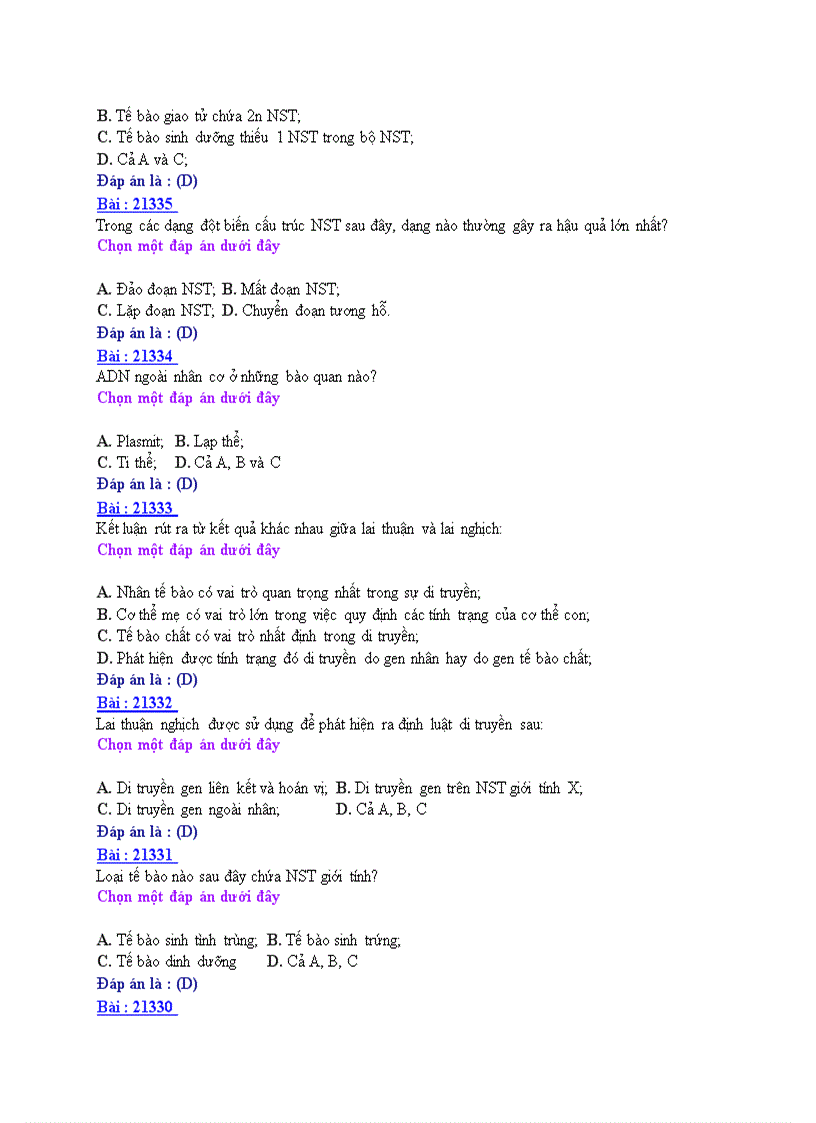 image for page Ôn thi tốt nghiệp THPT môn Sinh học 2008 THPT Nguyễn Huệ Nam Định Đề số 3