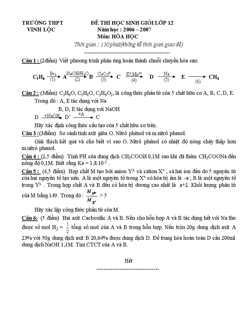 image for page Đề thi HSG môn Hóa học 12 THPT Vinh Lộc Huế 2006