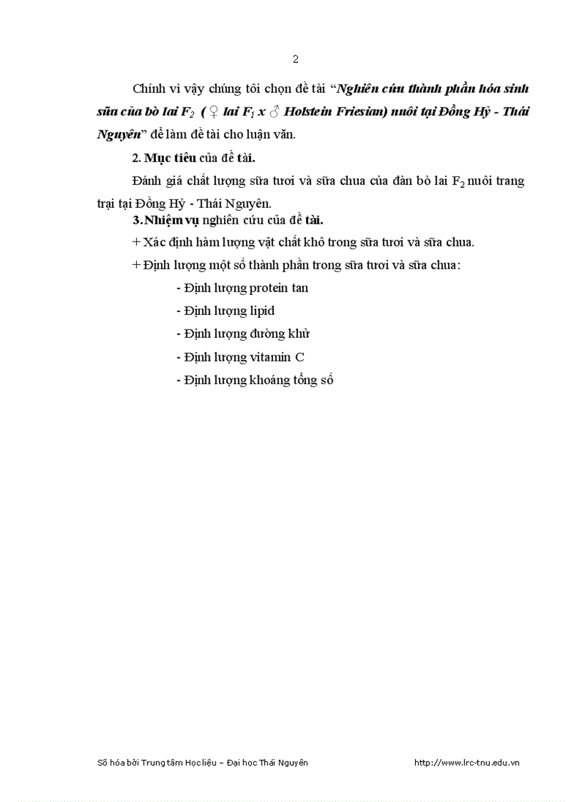 Nghiên cứu thành phần hóa sinh sữa của bò lai f2 lai f1 x holstein friesian nuôi tại đồng hỷ thái nguyên