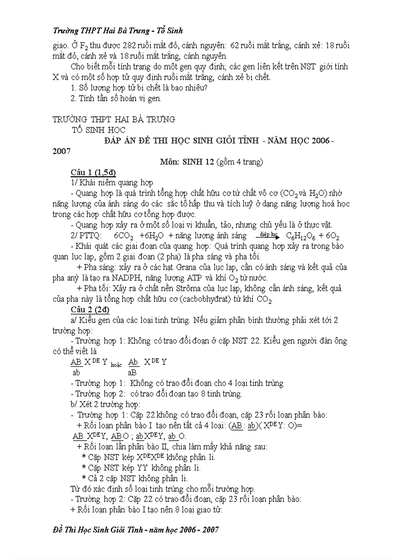 Đề thi HSG môn Sinh học 12 THPT Hai Bà Trưng Huế 2006