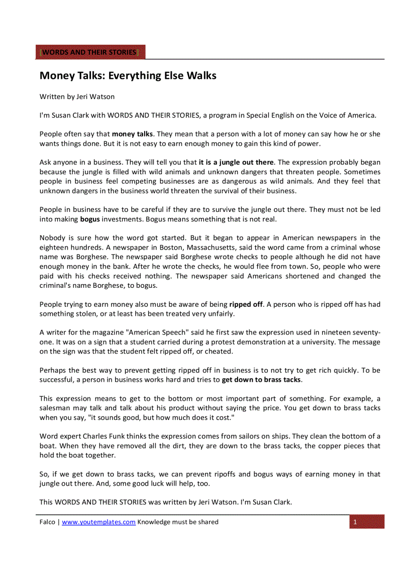 image for page WORDS AND THEIR STORIES Money Talks Everything Else Walks