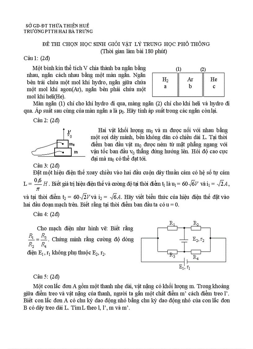 Đề thi HSG môn Vật lý 12 THPT Hai Bà Trưng Huế 2006