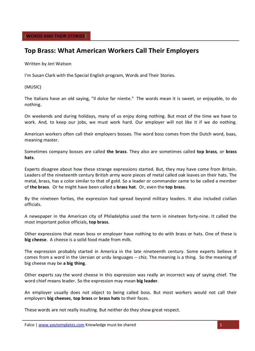 image for page WORDS AND THEIR STORIES Top Brass What American Workers Call Their Employers