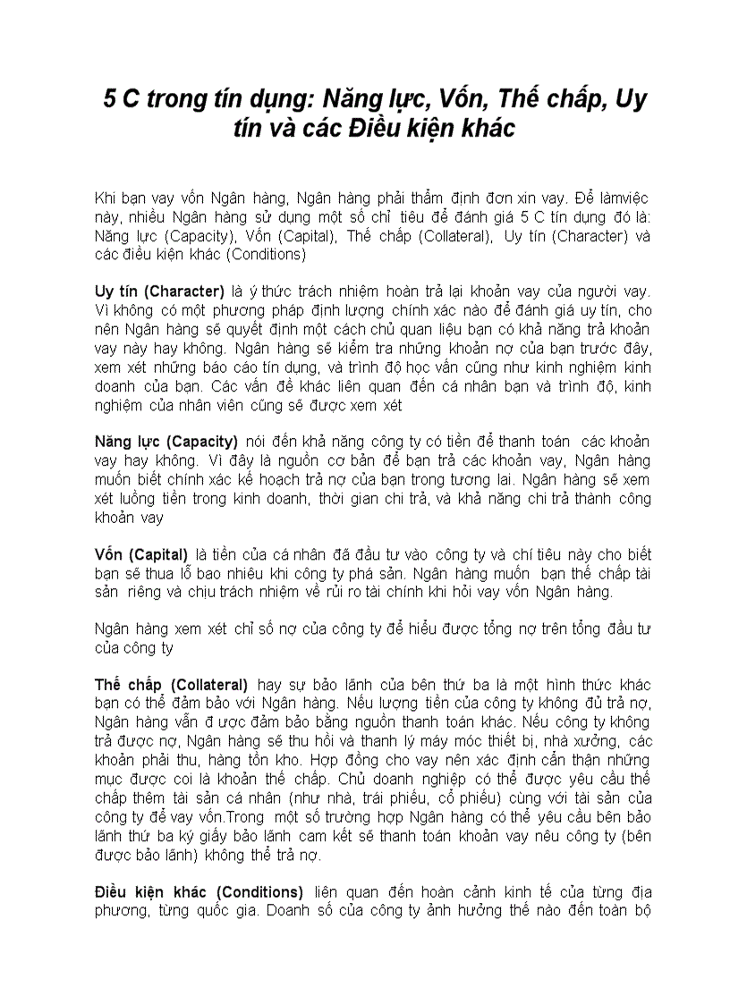image for page 5 C trong tín dụng Năng lực Vốn Thế chấp Uy tín và các Điều kiện khác
