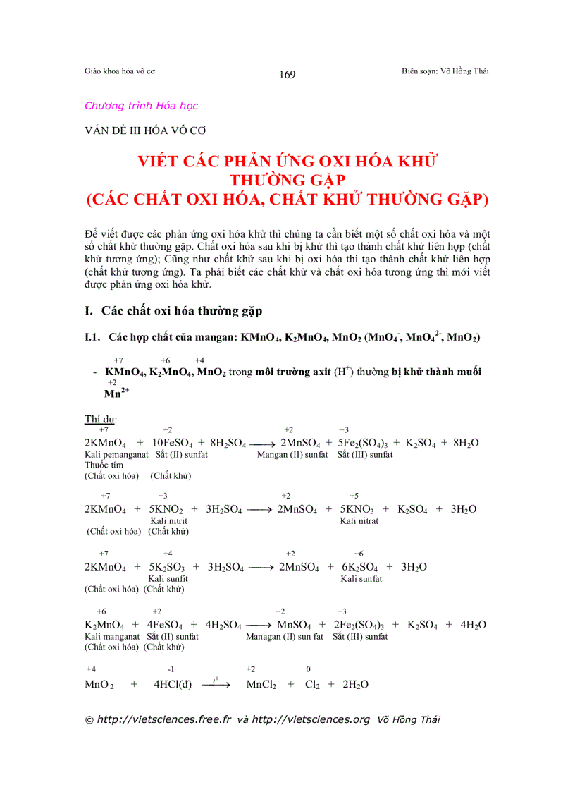 image for page Viết các phản ứng oxi hóa khử thường gặp các chất oxi hóa chất khử thường gặp