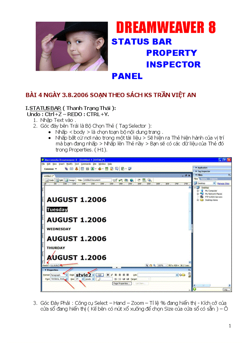 image for page Giáo trình DREAMWEAVER8 Bài 4 Statu bar property Inspector Panel