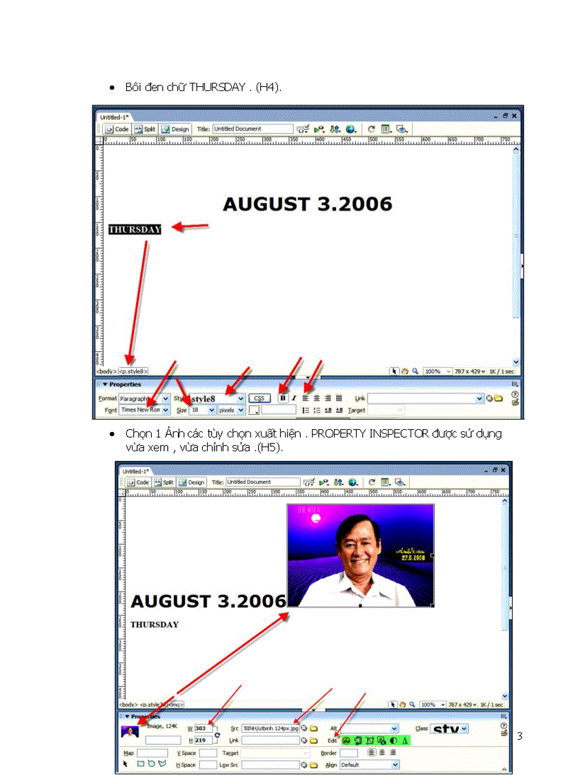 image for page Giáo trình DREAMWEAVER8 Bài 4 Statu bar property Inspector Panel