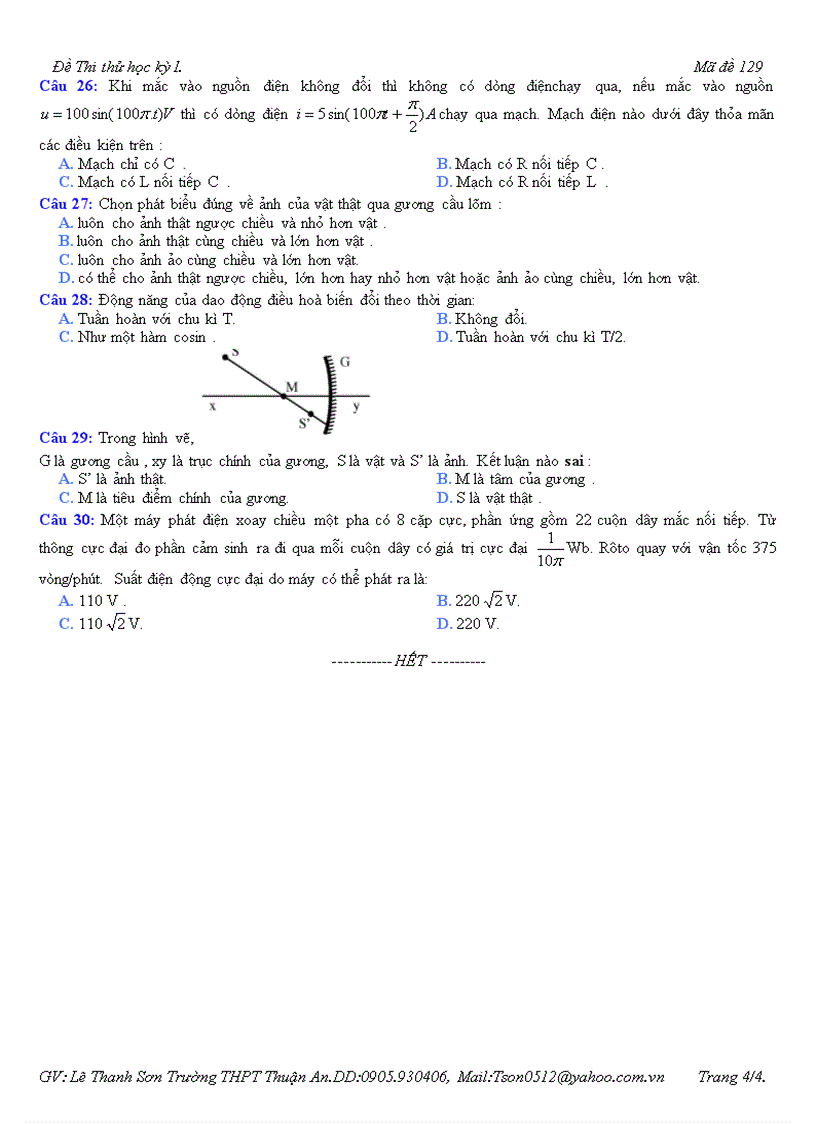 image for page Đề thi HK 1 môn Vật lý 12 THPT Thuận An Huế 2007 2008