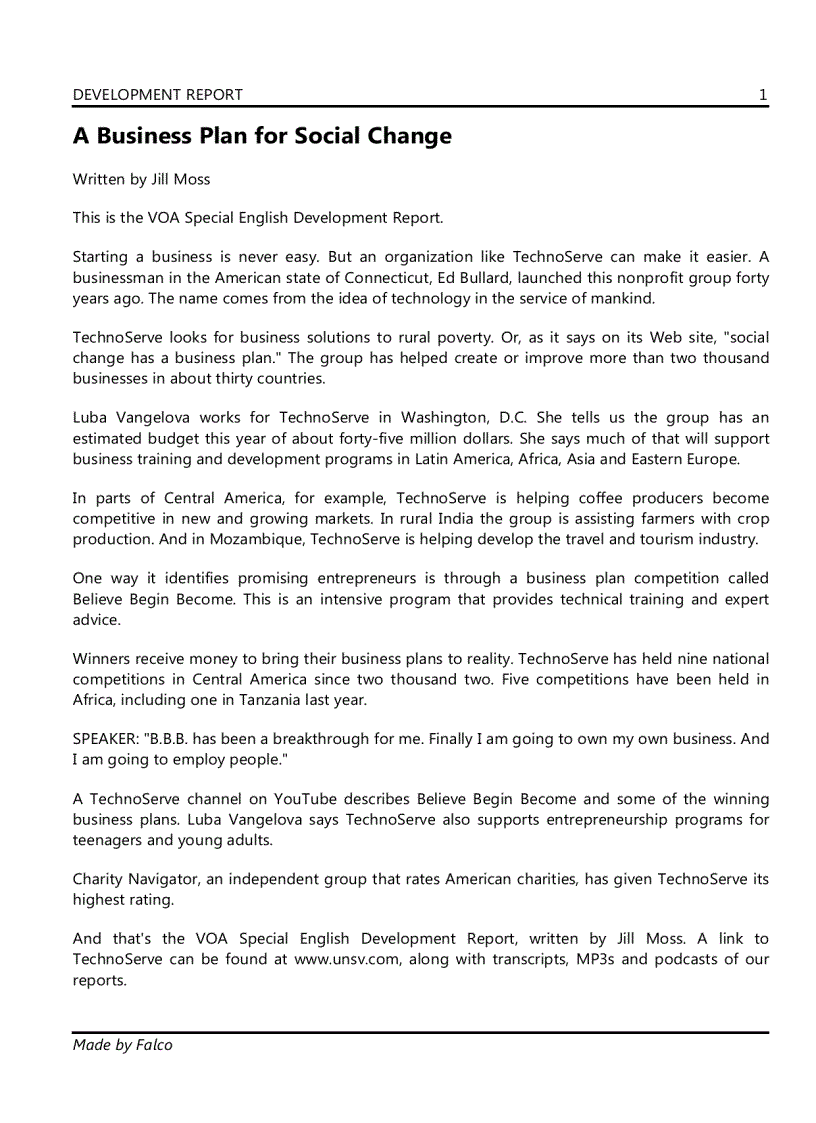 image for page DEVELOPMENT REPORT A Business Plan for Social Change