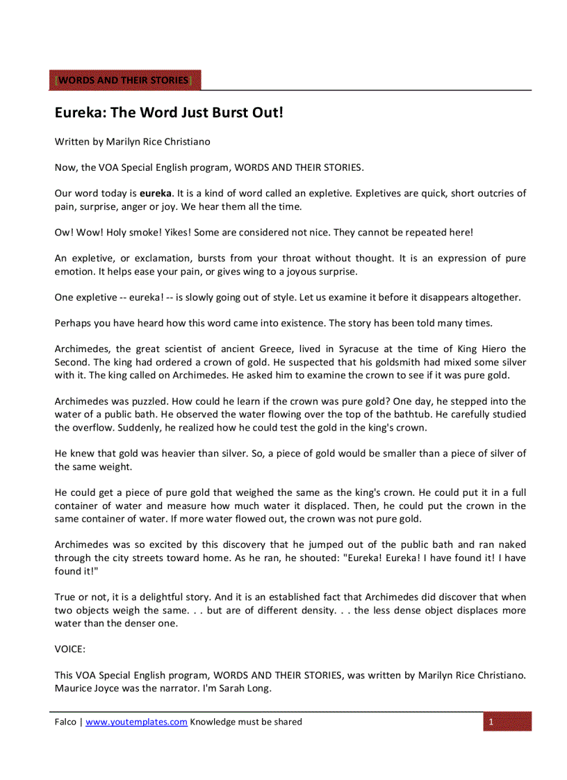 image for page WORDS AND THEIR STORIES Eureka The Word Just Burst Out