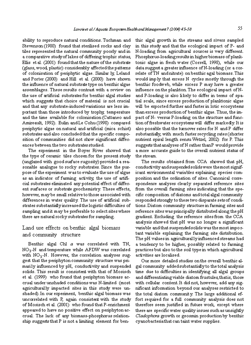 image for page Benthic algae as bioindicators of agricultural pollution in the streams and rivers of southern Que bec