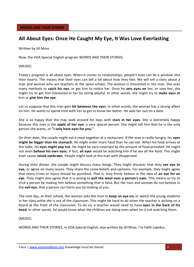 image for page WORDS AND THEIR STORIES All About Eyes Once He Caught My Eye It Was Love Everlasting