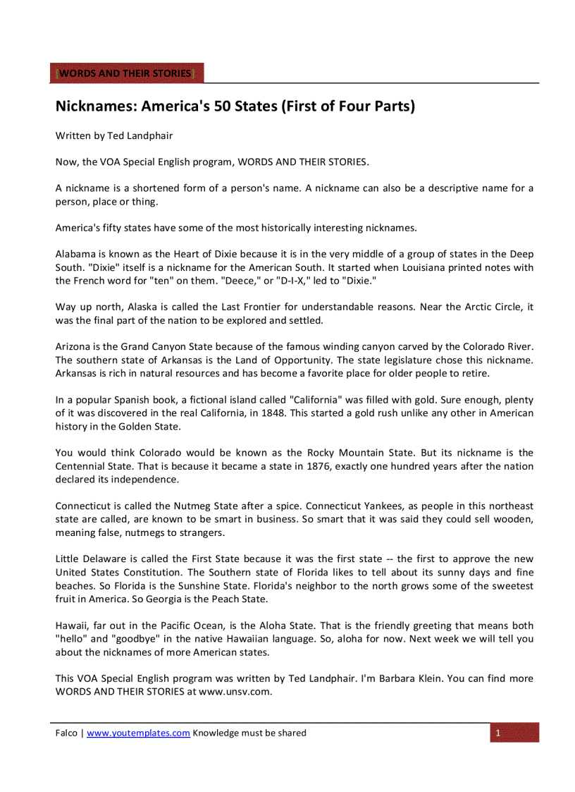 image for page WORDS AND THEIR STORIES Nicknames America s 50 States First of Four Parts