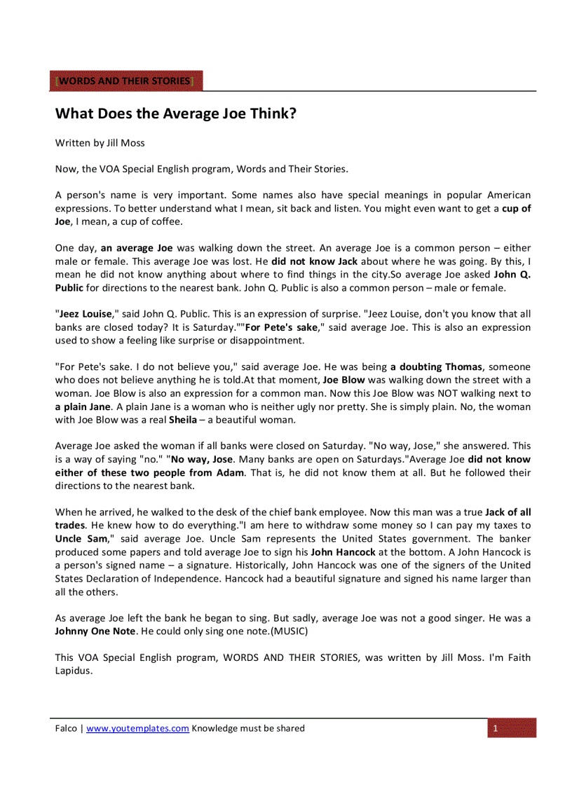 image for page WORDS AND THEIR STORIES What Does the Average Joe Think