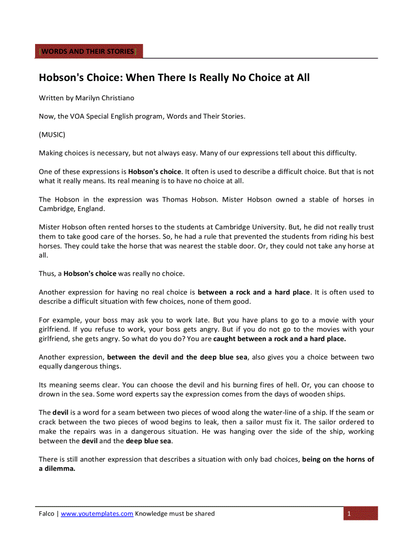 image for page WORDS AND THEIR STORIES Hobson s Choice When There Is Really No Choice at All