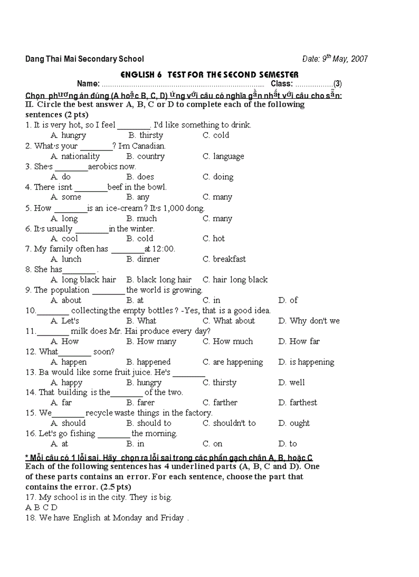 image for page Đề thi Anh văn lớp 6 HK2 THCS Đặng Thai Mai