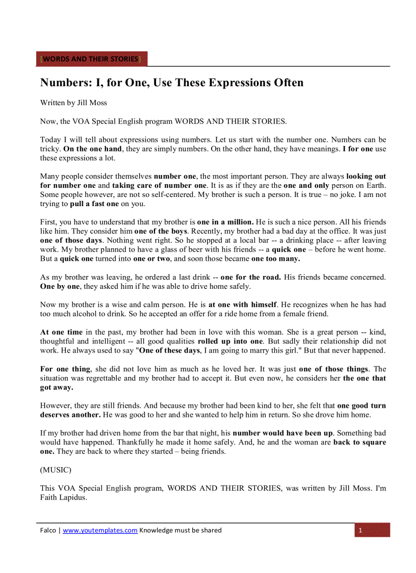 image for page WORDS AND THEIR STORIES Numbers I for One Use These Expressions Often