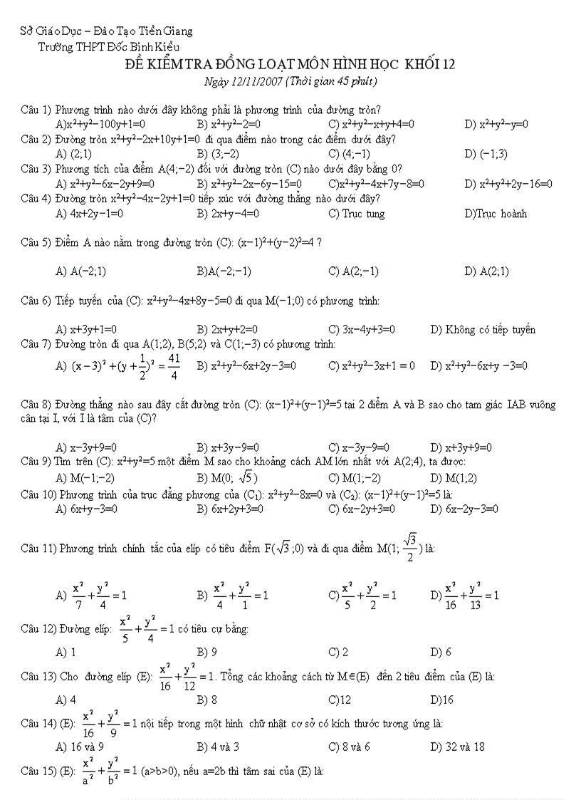 Đề thi môn Hình học 12 THPT Đốc Binh Kiều Tiền Giang 2007