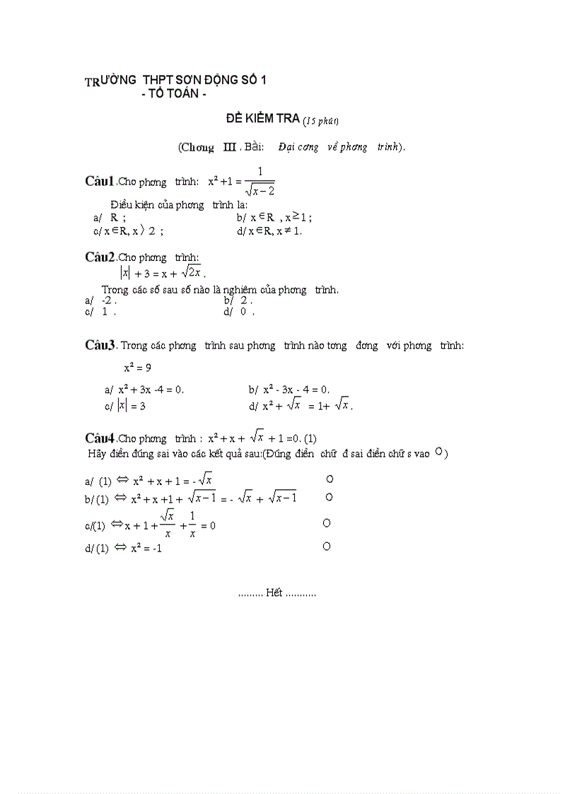 image for page ĐỀ KIỂM TRA MÔN TOÁN 12 15 phút Chương 3 Đại cương về phương trình