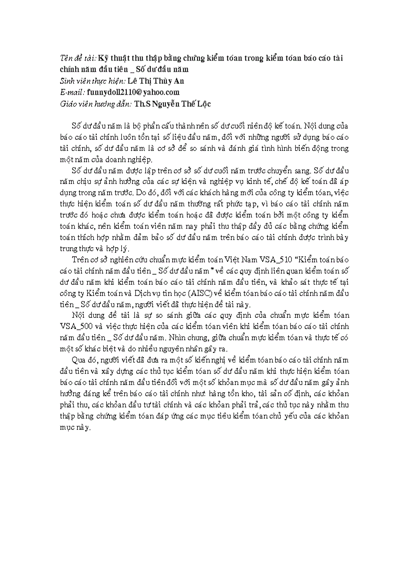 image for page Kỹ thuật thu thập bằng chứng kiểm tóan trong kiểm tóan báo cáo tài chính năm đầu tiên Số dư đầu năm