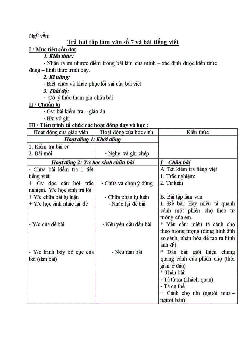 image for page Ngữ văn Trả bài tập làm văn số 7 và bài tiếng việt