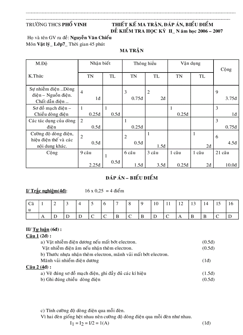 Kiểm tra học kì ii năm học 2006 2007 trường thcs phổ vinh môn vật lí 7