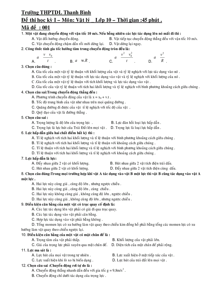 Đề thi học kì 1 môn Vật lý 10 2006 2007 THPT THANH BÌNH TPHCM