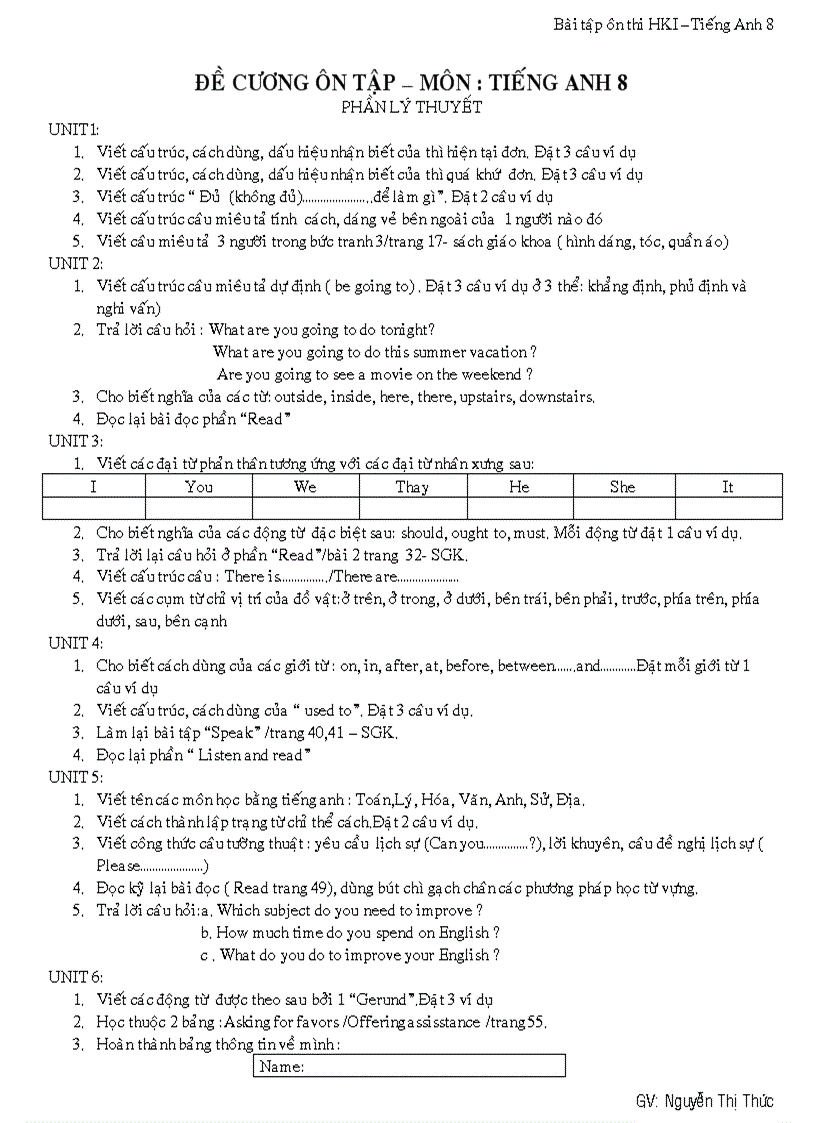 image for page Đề cương ôn tập anh 8 kỳ I