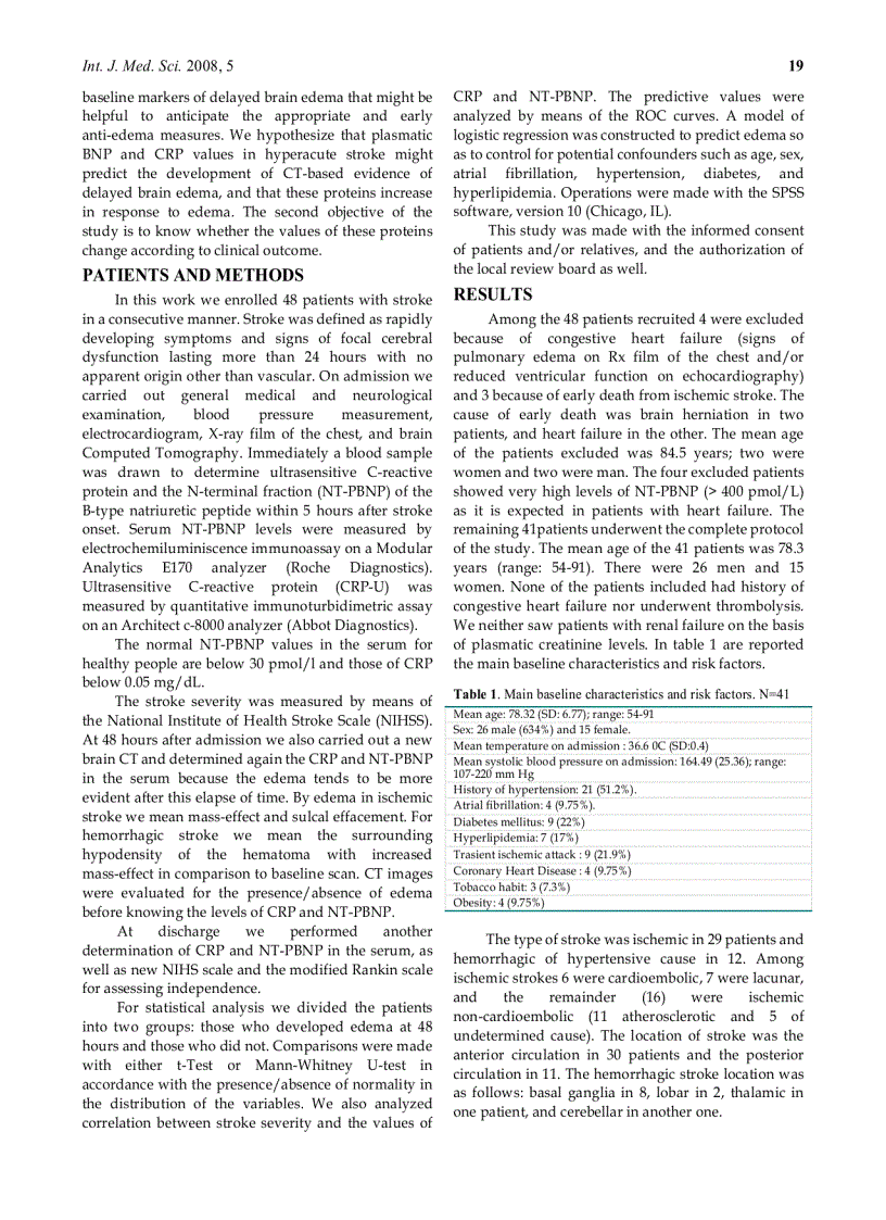 image for page Báo cáo y học Plasmatic B Type Natriuretic Peptide and C Reactive Protein in Hyperacute Stroke as Markers of Ct Evidence of Brain Edema