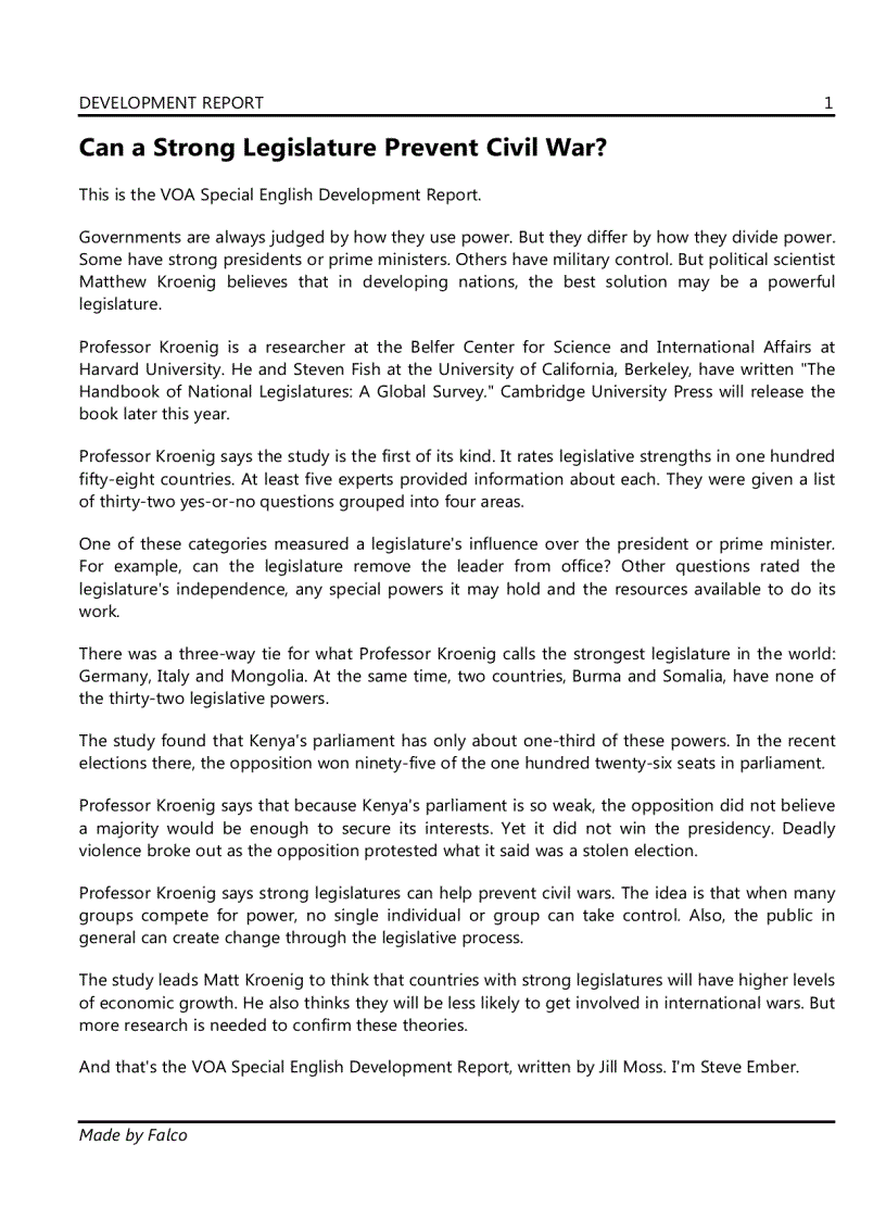 image for page DEVELOPMENT REPORT Can a Strong Legislature Prevent Civil War