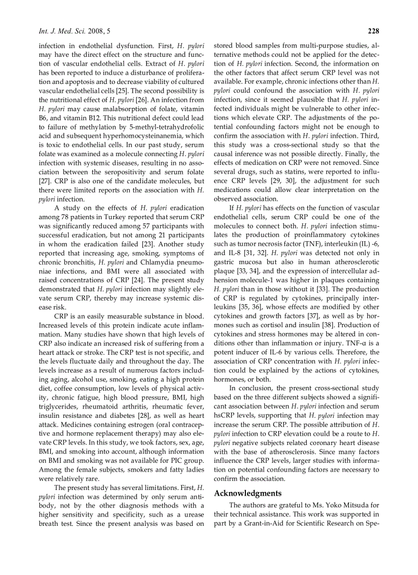 image for page Báo cáo y học Significant association between Helicobacter pylori infection and serum C reactive protein