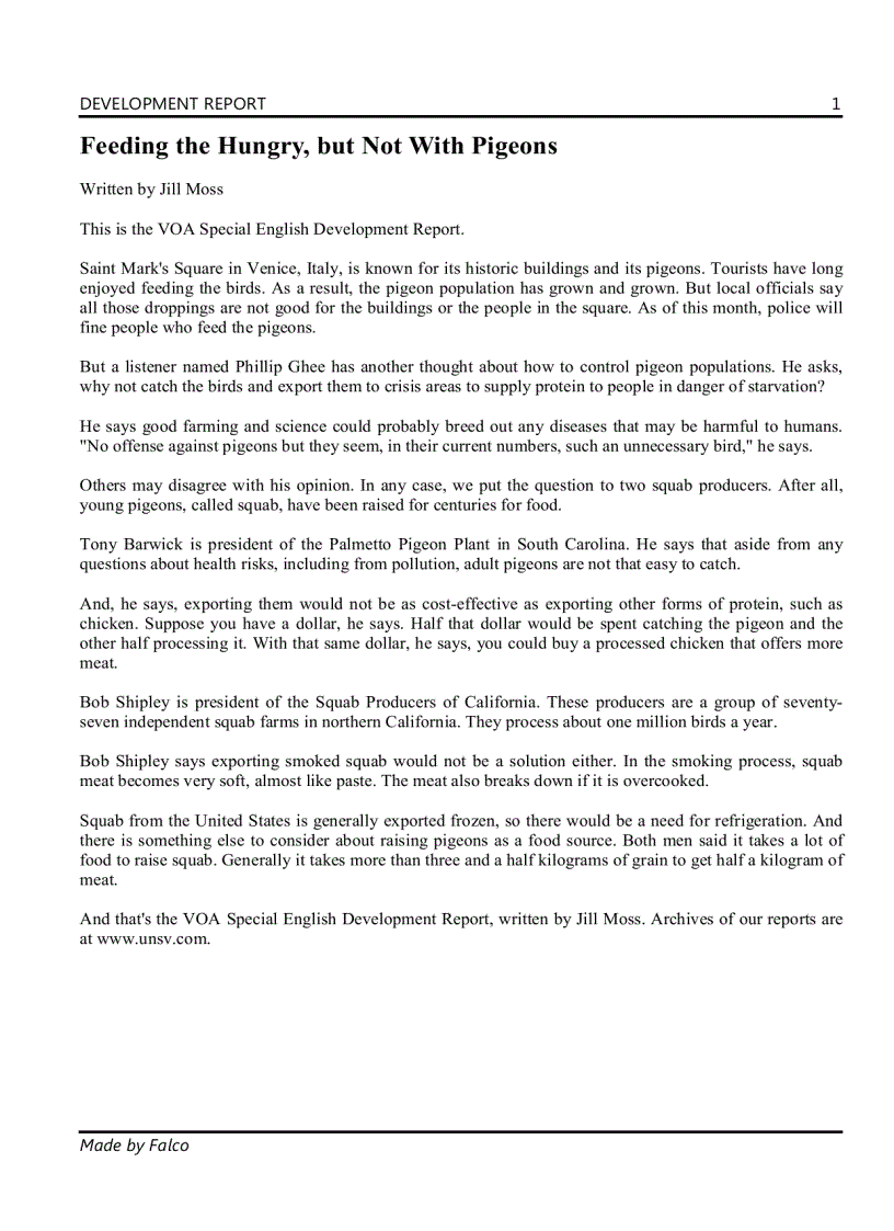 image for page DEVELOPMENT REPORT Feeding the Hungry but Not With Pigeons