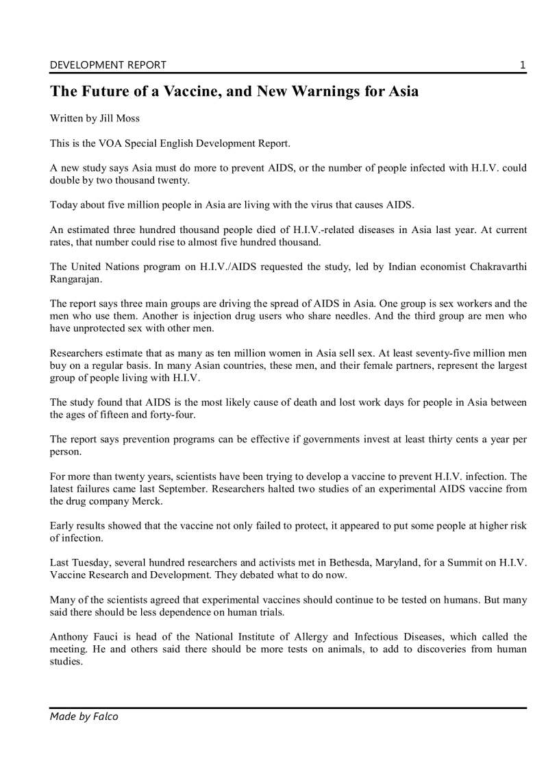 image for page DEVELOPMENT REPORT The Future of a Vaccine and New Warnings for Asia