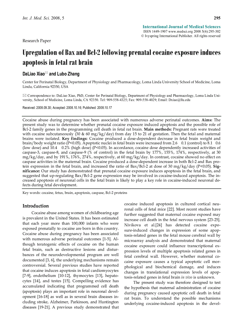 image for page Báo cáo y học Upregulation of Bax and Bcl 2 following prenatal cocaine exposure induces apoptosis in fetal rat brain