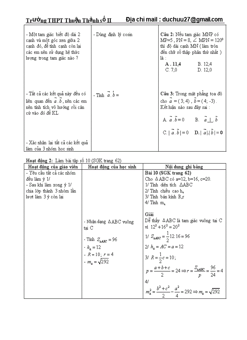 Ôn tập chương 2 Hình học 10